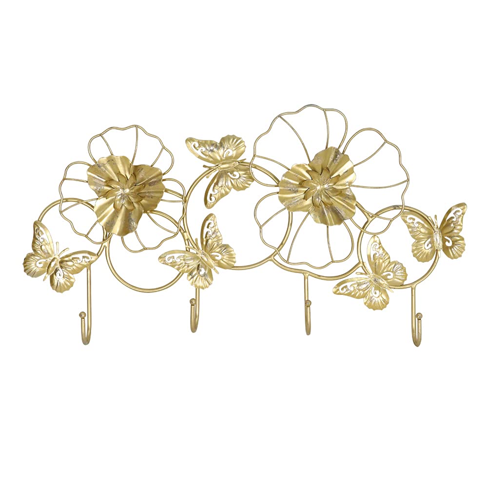 Liffy Wall Mount Hanger Hook Indoor Metal Wall Art Decor Gold 4 Hooks Ginkgo Leaves Wall Decorative Hooks for Clothes,Coat,Key (20 inches)