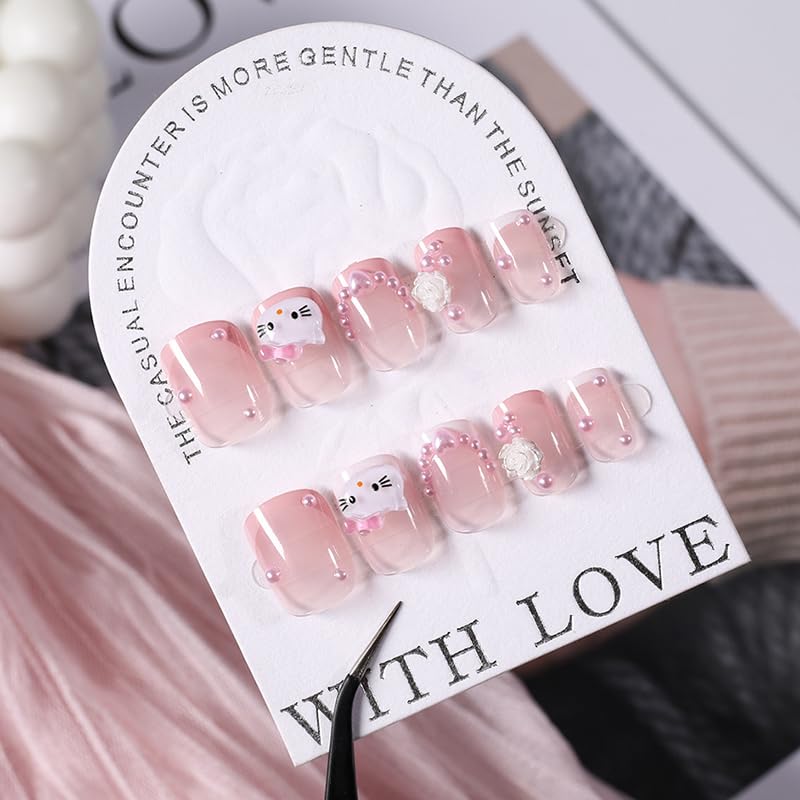 Pink French Tip Press on Nails - Cute Cartoon Nail Design