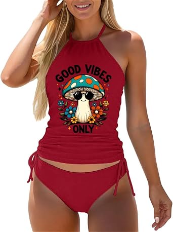 Omichic Tankini Bathing Suits for Women Two Piece Modest Blouson Tankini Top with Bikini Bottom