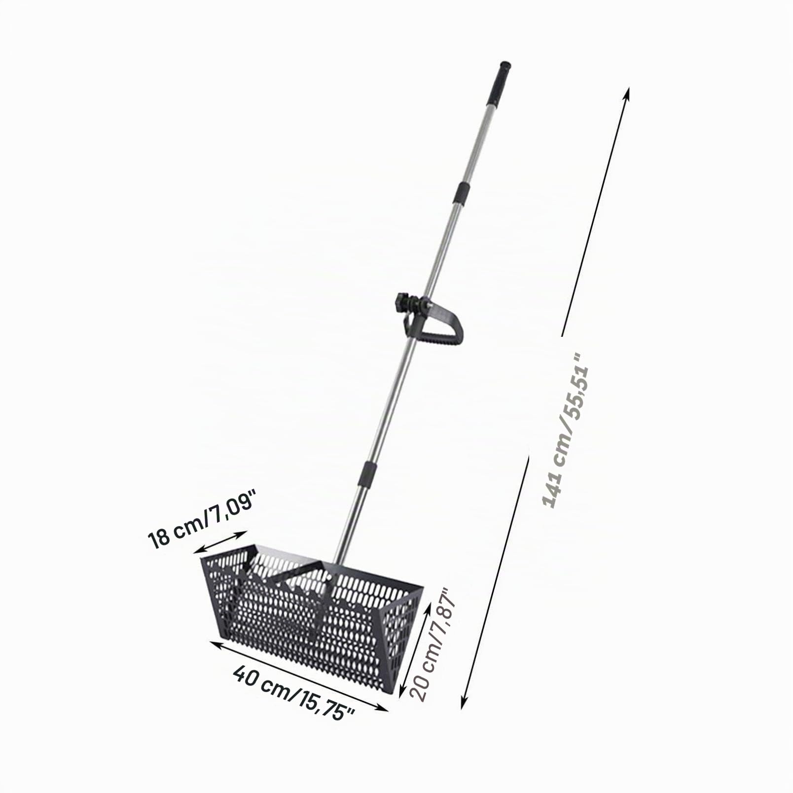 Râteau anti-puces de 40 cm en acier inoxydable avec large panier trapézoïdal, large manche amovible pour peigner la plage, tamiser le sable et chasse au trésor (F)