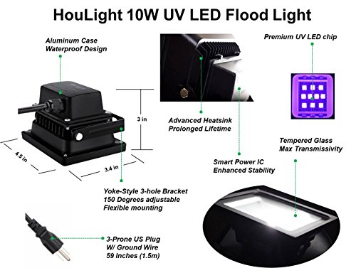 Image of UV LED Blacklight, 2 Pack HouLight High Power 10W LED Black Light Floodlight IP65-Waterproof (85V-265V AC) for Blacklight Party Supplies, Neon Glow, Glow in The Dark, Birthdays, Blacklights, Curing