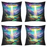 Loussiesd Fundas de almohada de nave espacial para niños, 40 x 40 cm, fundas de almohada de nave espacial alienígena para el hogar, sofá, cama, sofá, funda de cojín de nave espacial arcoíris, 4 fundas