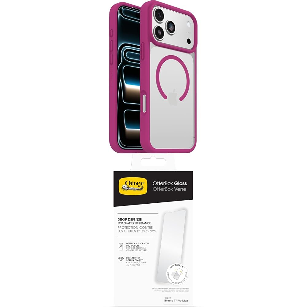 OtterBox React Series MagSafe cover per iPhone 17 Pro Max, Testata a norme MIL-STD 810G, Trasparente/Rosa + OtterBox Glass Pellicola protettiva in Vetro temperato per iPhone 17 Pro Max