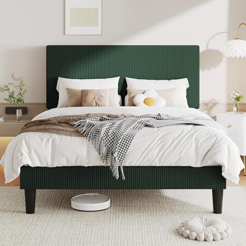 Image of Allewie Full Bed Frame, Corduroy Tufted Headboard, Dark Green
