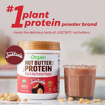 Orgain X Justin's Organic Vegan Nut Butter Protein Powder, Chocolate Peanut Butter- 20g Plant Protein, 1g Sugar, Gluten Free, No Dairy, Soy Ingredients, or Artificial Flavors, 1.17 lb