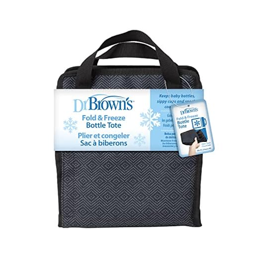 Dr. Brown's Fold & Freeze Bottle Tote, Travel Baby Bottle Insulated Cooler Bag, Store Up to 6 Baby Bottles, Black, BPA Free