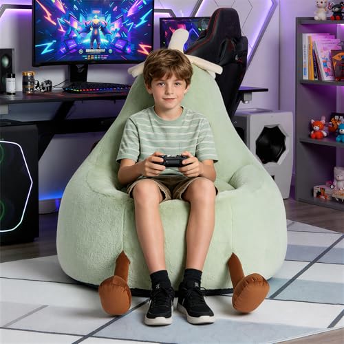 Image of 31 Inches Memory Foam Bean Bag Chair - Ultra Soft Faux Rabbit Fur Sofa with Handle & Machine Washable Cover, Comfy Lazy Chair for Kids Teens, Perfect for Reading Gaming in Living Room Bedroom,Green