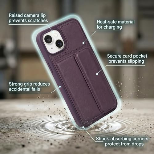 Image of amazon basics Luxury Vegan Leather Back Cover for iPhone 14 | Built-in Card Holder Slot | Integrated Mobile Stand | Slim Shockproof Protective Case with Stitched Finish - Purple