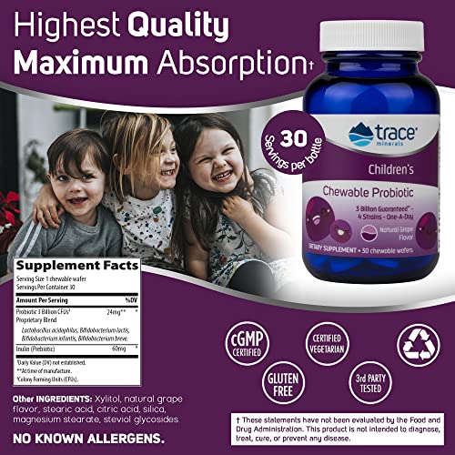 Trace Minerals | Children's Chewable Probiotic | 3 Billion 4 Strains Daily Supplement For Kids 2+ | Sugar And Dye Free, Bifidobacterium And Lactobacillus, Prebiotic Inulin | Grape Flavor | 30 Count #TOP2