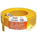 12/3 Gauge Heavy Duty Outdoor Extension Cord 50 ft Waterproof with Lighted end, Flexible Cold-Resistant 3 Prong Electric Cord Outside, 15Amp 1875W 12AWG SJTW, Yellow, ETL HUANCHAIN