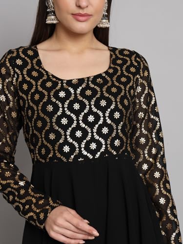 Image of PH POSHAKHUB Georgette Foil Print Anarkali Kurta has Round Neck and Full Sleeve