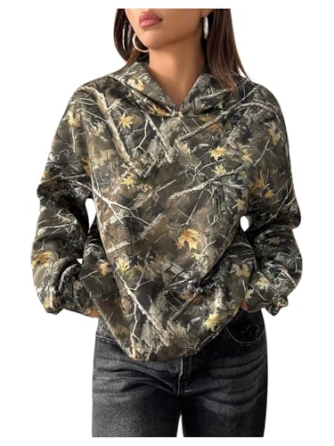 BEAUDRM Womens Y2k Camo Hoodie Vintage Long Sleeve Loose Pullover Tops Hooded Sweatshirt Jackets Streetwear Green X-Small