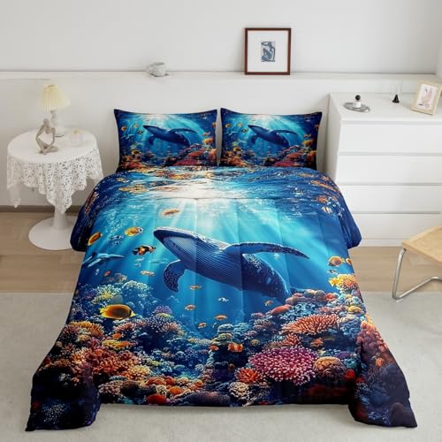 jejeloiu Ocean Bedding Set Toddler Size Kids Whale Comforter Cover for Boys Girls Teens Iron Blue Duvet Cover Breathable Soft Lightweight Microfiber Quilt Set