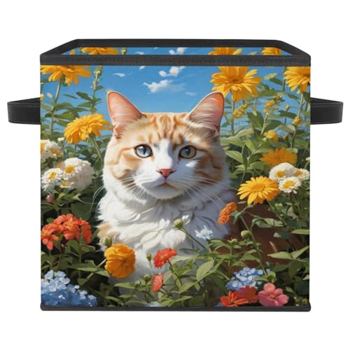 Bac de rangement cube pliable avec poignées cuir motif chat et fleur