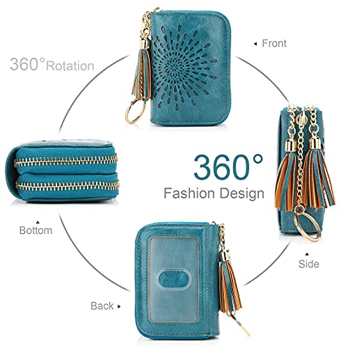 Aphison Rfid Credit Card Holder Double Zipper Card Case Small Wallets For Women Leather Multifunctional Holders Sunflower Style Ladies Girls/Gift Box 1942-2 Peacock-Blue #TOP1