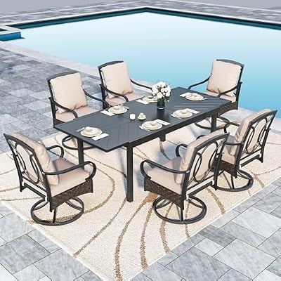 Sophia & William Patio Outdoor Dining Sets for 6, Outdoor Table Furniture Set 7 Piece- 1 Rectangular Expandable Patio Table and 6 Padded Swivel Dining Chairs for Garden Deck