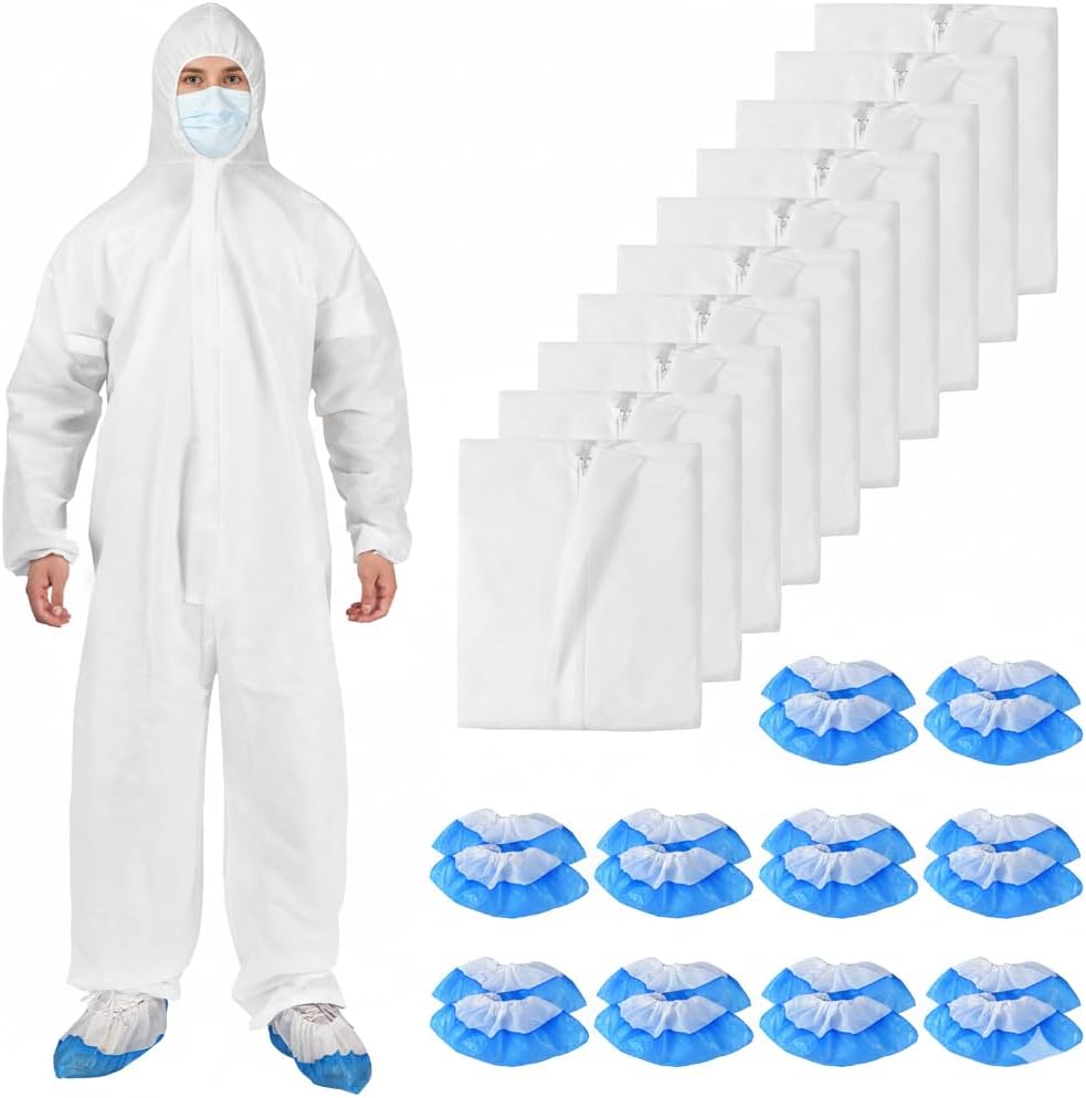 5-25Pack Disposable Hazmat Suits with Hood & Shoe Covers – Breathable SMS Unisex Adult Coveralls (White, M–XXXL)