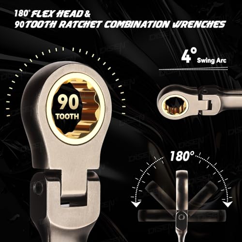 Image of DISEN 90 Teeth Ratchet Wrenches Set 8 Pieces, Flex Head Ratcheting Wrench Set Metric 8 10 12 13 14 15 17 19MM, Nickel Plating Cr-V Constructed with Organizer Rack