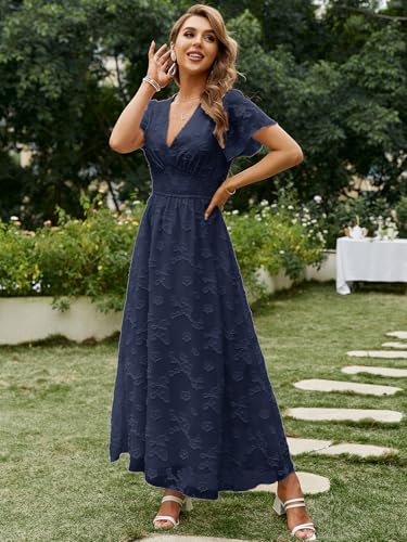 Image of Simplee Women's Boho Floral Maxi Dress Flowy Casual V Neck Short Sleeve Wedding Guest Holiday Beach Long Dress