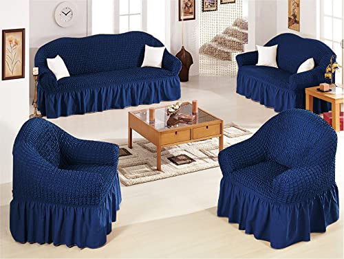 Image of House of Quirk Turkish Bubble Frill 280 GSM Sofa Slipcovers, Durable Washable Universal Triple Seater High Elastic Furniture Protector (Navy, 185-230cm)
