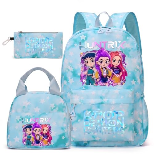 D-Demon H-Hunters Set de Mochilas Escolares 3 en 1 para Adolescentes, Mochila Escolar de Gran Capacidad con Bolsa de Almuerzo, Mochila con Estampado Divertido para Estudiantes(C)