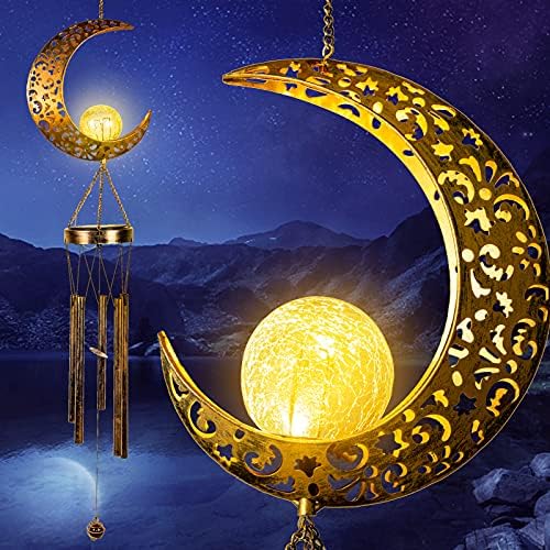 OLIKER Solar Moon Wind Chimes for Outside Unique Crackle Glass Ball with LED Light Windchimes Outdoors Unique Garden Outdoor Decor Gift for Mom Chimes for Outdoors Birthday Gift