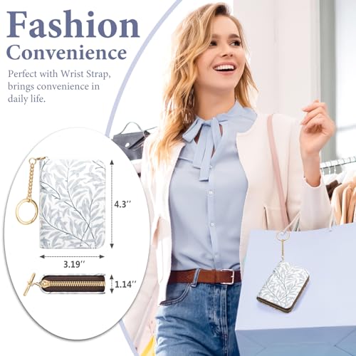 Image of Credit Card Holder RFID Wallet for Women, Small Leather Card Organizer Case with Zipper and Keychain, Gray Leaf