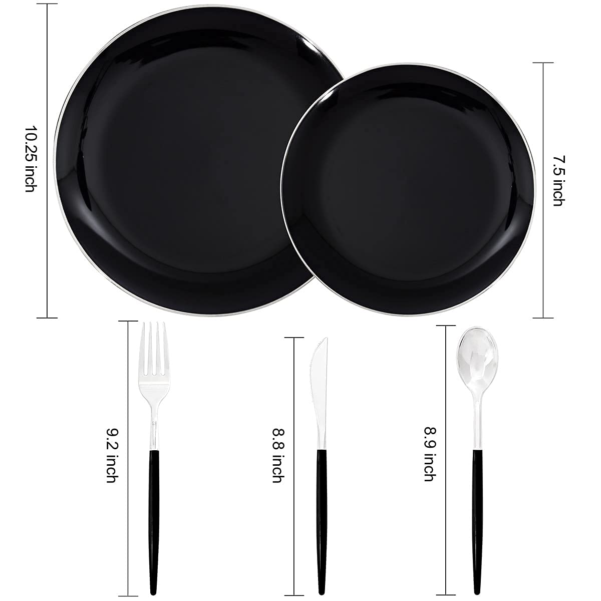 DaYammi 30 Guests Black Silver Plastic Plates & Disposable Silver Plastic Silverware With Black Handle- Black&Silver Plastic Dinnerware for Party Wedding