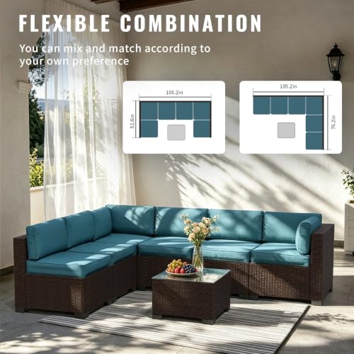 Image of 7 Piece Patio Furniture Set, Wicker Patio Conversation Sets, Outdoor Sectional Furniture with Tempered Glass Table, for Backyard, Deck, Garden, Dark Brown Rattan & Peacock Blue Cushions
