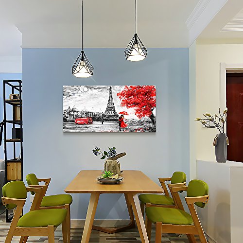 Wall Art For Living Room Decorations Photo Prints Panorama Of Black And White Buildings And Beautiful Eiffel Tower Red Couples Modern Home Decor The Room Stretched And Framed Artwork 24"X48" #TOP3