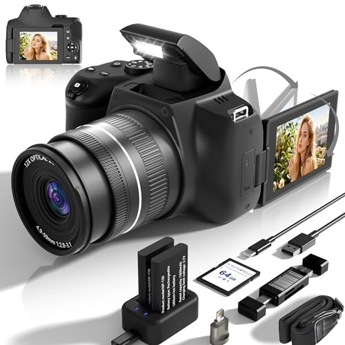 Cámaras digitales con zoom óptico de 12X para fotografía: 72 MP 4K UHD Auto Focus Cámaras compactas con WiFi, pantalla abatible de 180° y tarjeta SD de 64 GB para principiantes, YouTube, Vlogging