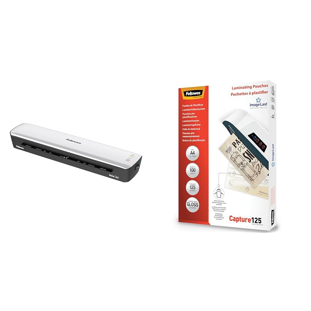 Fellowes Plastifieuse Sola A3, 125 Microns, Fonctions Anti-Bourrage Et Arrêt Automatique & Pochette De Plastification A4 125 Microns Pack De 100 Feuilles Plastifieuse A4