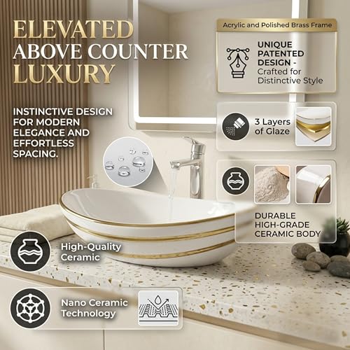Image of BASSINO 24x14x6 Inches Ceramic Table Top Wash Basin /Designer Bathroom Sink /Countertop Vessel Basin /Luxury Washbasin /Above Counter Basin for Bathroom /Vanity Sink for Dining Hall(Glossy White & Gold)