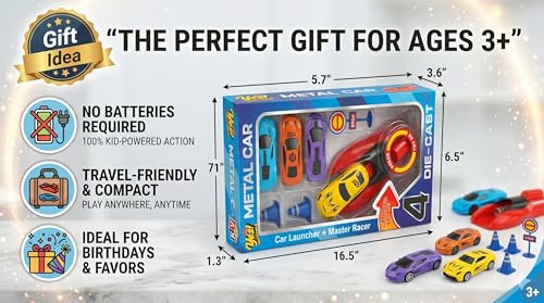 Image of Stylo Kreations Metal Car Launcher Toy Set for Kids 3+ | 4 Die-Cast Racing Cars with Spring Action Launcher, Traffic Cones & Accessories | Push & Launch Racing Car Toy Gift Set