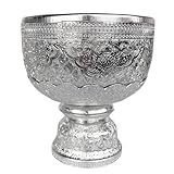 UNCLEJUM Thai Buddhism Bowl & Tray with Embossed Patterns, Silver Aluminum, Vintage Collection (16 CM)