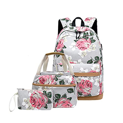 Mochila escolar de impresión para adolescentes, 3 en 1, ligera, con puerto de carga USB, bolsa de escuela, con bolsa de almuerzo, Gray, Large Cover