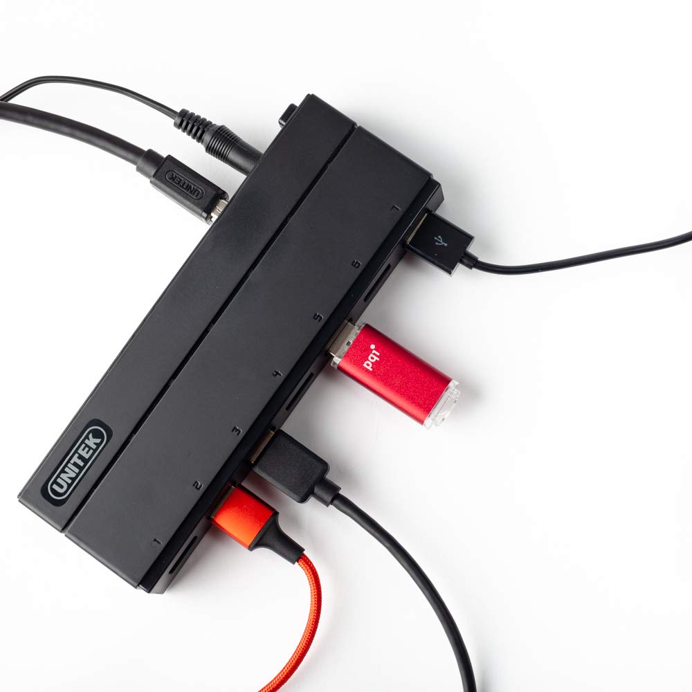 UNITEK Hub 7 porte USB 3.0 attivo con alimentazione, distributore multiplo di hub dati per PC, laptop, tastiera, mouse, stampante, compatibilità iOS (Mac) + Windows, Plug&Play, Nero