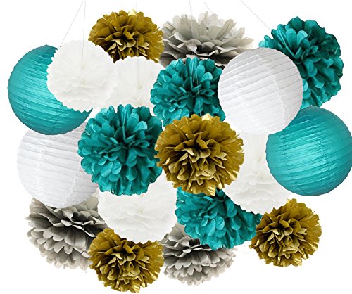 Furuix Big Size White Teal Grey Gold 10Inch 8Inch Tissue Paper Pom Pom Paper Lanterns Mixed Package For Teal Themed Party Wedding, Bridal Shower Decor Teal Blue Baby Shower Teal Wedding Decoration #TOP4