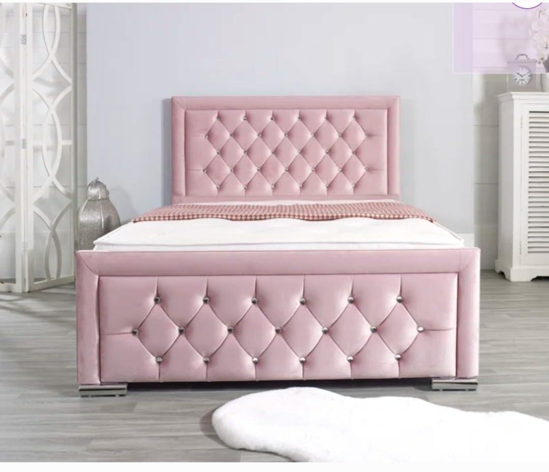 Luxury Tufted Bed Frame with Diamond Pattern Headboard and Footboard, Pink Velvet, Chrome Feet