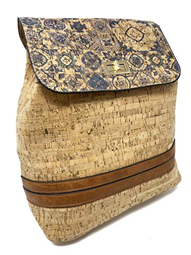 Mochilas Mujer Casual Grande Estampado Floral Azul Corcho Natural Vegano Ecológico Ideal