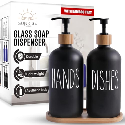 Image of Sunrise Premium 16 OZ Thick Black Glass Soap Dispenser, Bamboo Pump with Tray 2 Pack, Hand and Dish Soap Dispenser Set for Bathroom with 6 Waterproof Labels