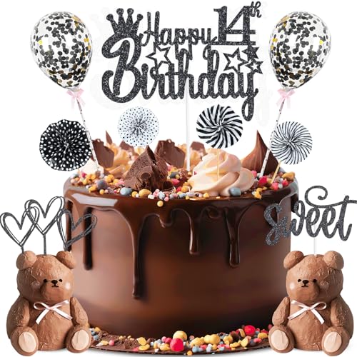 ZWWsullo Glitter Cake Topper Happy 14th Birthday Decoration 14 Boy Girl Birthday Cake Decoration 14 Happy Birthday Girls Boys Black Cake Decoration Birthday CakeTopper