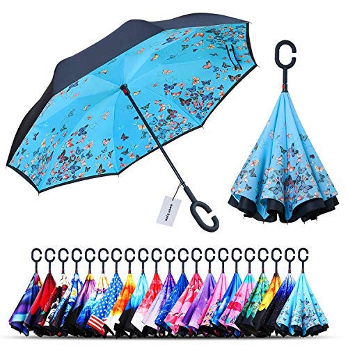Owen Kyne Windproof Double Layer Folding Inverted Umbrella, Self Stand Upside-down Rain Protection Car Reverse Umbrellas w...