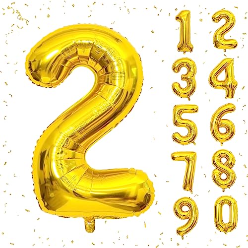 Image of 40 Inch Gold Number Balloons, Helium Mylar Foil Number Balloons for Birthday, Number 2 Balloon for 2st Birthday Decorations for Kids, Anniversary Party Decorations Supplies
