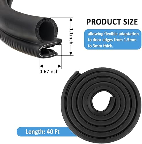 Miniatura 2 de Tira de sellado de puerta de automóvil de 40 pies, en forma de U, tira de sellado de goma con clips de metal, protectores universales de borde de