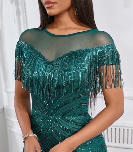 Image of Cololura Sexy Sequin Tassel Mesh Perspective Party Cocktail Bodycon Evening Club Maxi Dress