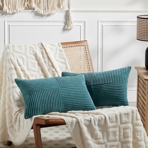 Image of Fancy Homi 2 Packs Teal Lumbar Decorative Throw Pillow Covers 14x22 Inch for Living Room Couch Bed Sofa, Rustic Farmhouse Boho Home Decor, Soft Striped Corduroy Rectangle Accent Cushion Case 35x55 cm