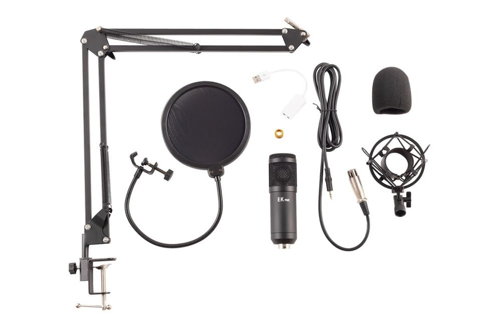 Set direzionemusica.it kit microfono condensatore USB per registrazione in studio e broadcasting, con braccio regolabile, filtro antipop, cavo canon xlr con adattore usb e accessori