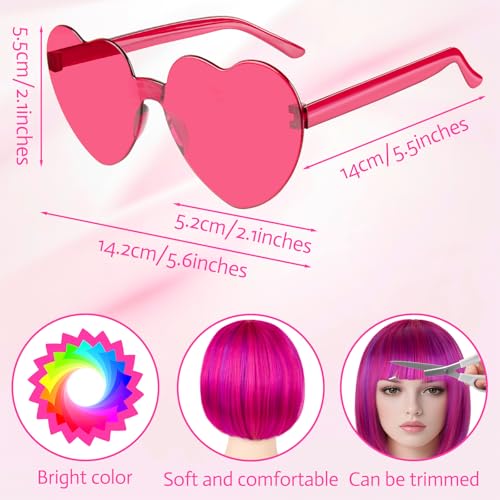 Image of MEEZY Rose red and purple Short Bob Wigs Straight Hair with Flat Bangs Heart Sunglasses for Women, Colorful Funny Cosplay Daily Party Neon Wig Synthetic As Real Hair Carnival Halloween Costume