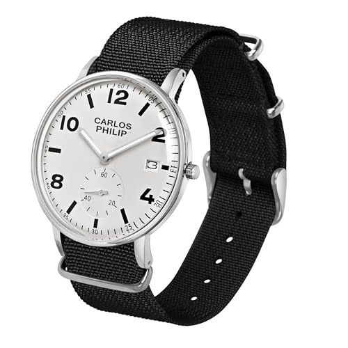 Image of Carlos Philip Men's Minimalist Analog Watch - Classic Dial with Date Display, Nylon Strap, Quartz Movement, Casual Everyday Style Watch for Men